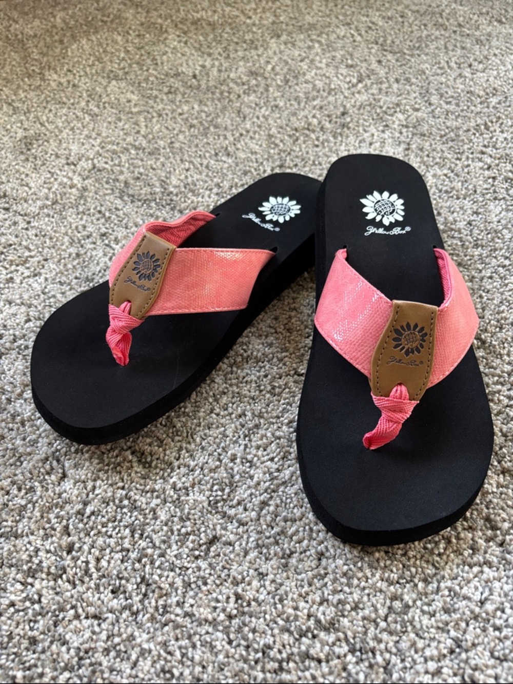 Yellow box Coral Pink Platform Flip Flop Sandals with Tan Logo Patch